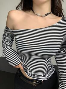Dazy Star Women's Casual Striped Long Sleeve Slim Fit Asymmetrical Neck T-Shirt, Spring Autumn