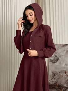 Mulvari Burgundy Red 2pcs Women's Solid Color Flare Hem Dress And Lantern Sleeve Hooded Jacket Set 2 Pieces Set Fall Cloth For Women - Burgundy - View 7