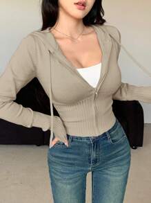 DAZY 女式纯色修身连帽拉链开衫，秋季女装夹克 - 卡其色 - 查看 4