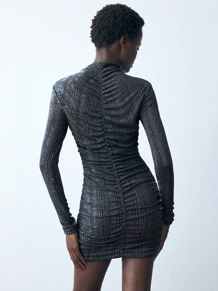 SHEIN Maija Women's Gray Ruched Design Minimalist Urban Versatile Solid Color Stand Collar Long Sleeve Ruched Fitted Mini Dress