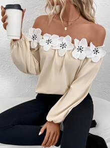 SHEIN Clasi 1 件优雅露肩缀饰长袖衬衫 - 杏色 - 查看 3