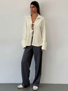 Aloruh 4-Season Lace-Up Lapel Textured Pattern Elegant Commuter Jacket, New Arrival