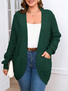 SHEIN Clasi Áo len cardigan dài tay màu trơn cỡ lớn có túi, mùa đông - Màu xanh lá cây đậm - Xem 1