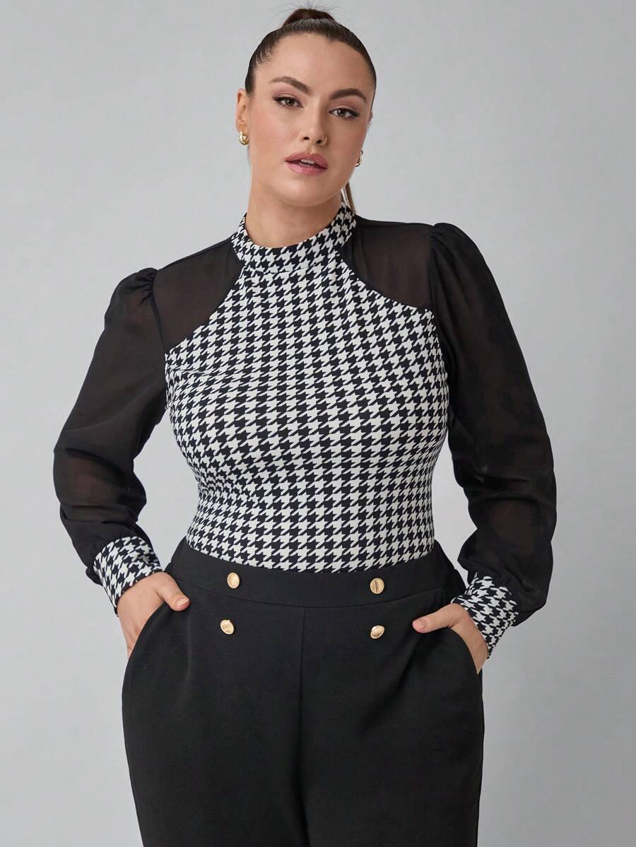 SHEIN Clasi 大码女式优雅千鸟格拼布立领衬衫，适合秋冬季商务休闲女士 - 黑與白 - 查看 1