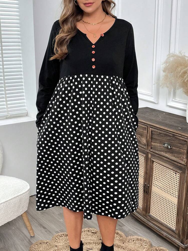 Plus Size Fall Clothes Curve Thanksgiving Women Outfit Plain Patchwork Button Down Long Sleeve Casual Midi Dress