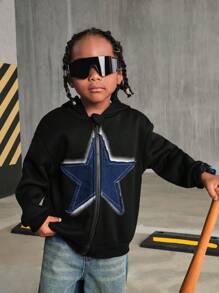 SHEIN Explorewe 年轻男孩韩版休闲必备拼接牛仔效果五角星拉链连帽运动衫，适合秋季、冬季、日常穿着、居家、校园、街头，适合兄弟 - 白色 - 查看 4