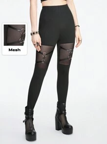 ROMWE Grunge Punk 暗黑朋克镂空透视金属扣装饰紧身女士打底裤，校园 - 黑色 - 查看 1