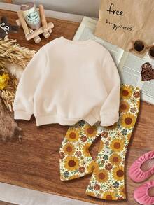 SHEIN 花卉雏菊图案女婴针织休闲宽松圆领长袖套装，适合秋冬季 - 彩色 - 查看 2