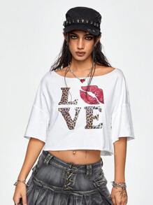 ROMWE J-Fashion Áo thun cỡ lớn Y2K cổ bất đối xứng "I LOVE LEOPARD" dành cho nữ - trắng - Xem 2