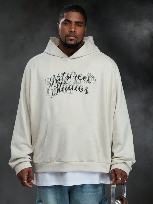 Manfinity VCAY Sudadera con capucha holgada con letras y bolsillo para hombres de talla grande, para otoño e invierno