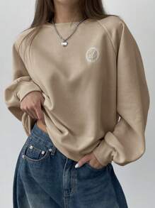 DAZY 女式宽松圆领长袖刺绣图案运动衫，秋季女装 - 卡其色 - 查看 1