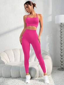 SHEIN Sports Bộ đồ thể thao liền mạch không dây hở lưng màu trơn & quần 7/8 dành cho nữ Bộ đồ tập luyện quần legging cho nữ - Màu Hồng Tươi - Xem 5