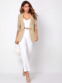 SHEIN Clasi 女士纯色褶皱休闲蝙蝠袖优雅编织西装外套，春秋季 - 駝色 - 查看 3