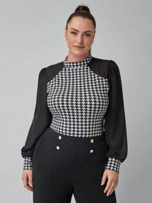 SHEIN Clasi Blusa elegante con cuello alto de pata de gallo en patchwork, talla grande, para mujer, estilo negocios casual de otoño e invierno