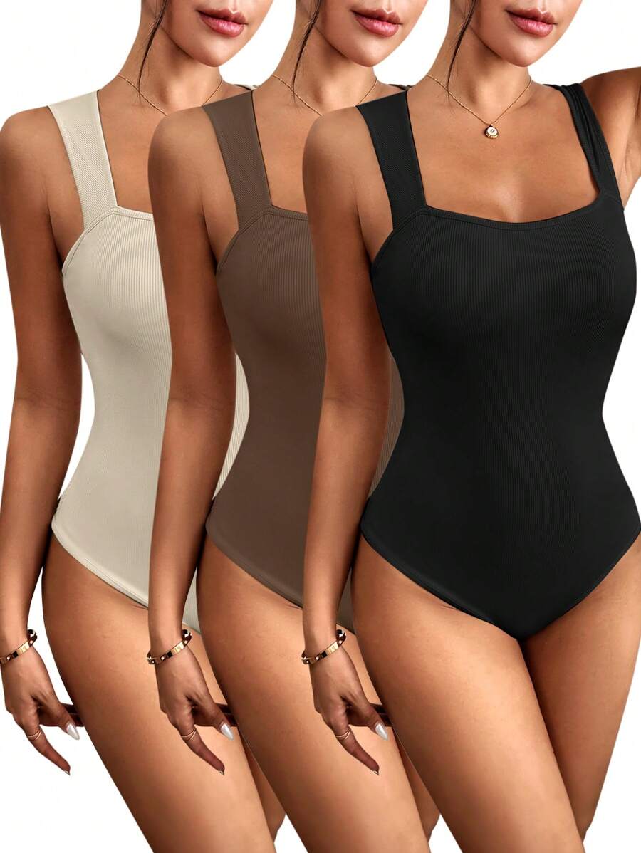 Opuloom 3pcs Solid Color Ribbed Knit Cami Bodysuits - Multicolor - View 1