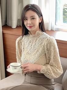 DAZY Áo cánh ren thanh lịch cổ đứng tay đèn lồng cho nữ xuân/thu - Màu Khaki - Xem 3