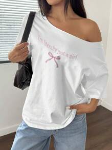 Flirla 1pc Off-Shoulder Loose Slogan & Butterfly Detail T-Shirt, Oversized Y2K Style, Pink Graphic Tees Women Tops - White - View 3