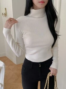 DAZY New Arrival Solid Color Turtleneck Slim Fit Sweater, Autumn,Long Sleeve Tops,Fall Women Clothes - White - View 4