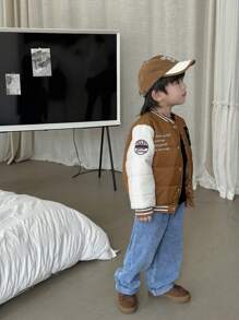 Young Boy Color Block Baseball-Collar Long Sleeve Casual Padded Coat, Front Row Seating - Multicolor - View 6