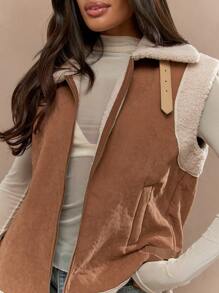 MISSGUIDED Sleeveless Aviator Vest Shearling Lined Winter Suede Sherpa Cargo Utility Gilet With Side Buckles And Zip Front