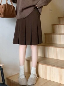 FRIFUL 女式纯色短款褶皱 A 字迷你裙，返校服装 - 咖啡棕 - 查看 4