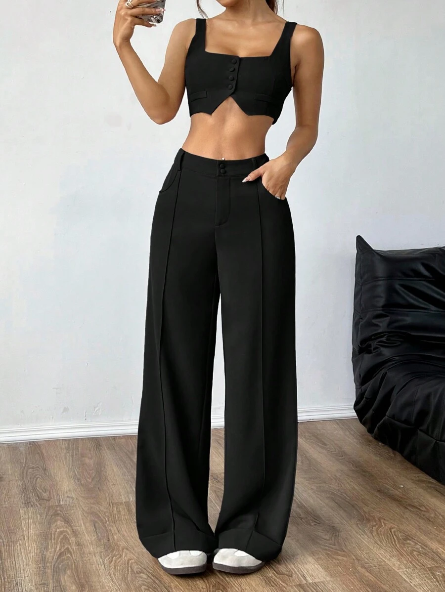 SHEIN EZwear 2 件套女士夏季纯色短款上衣和阔腿裤休闲装 - 黑色 - 查看 1