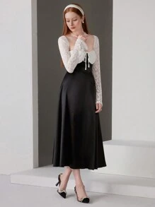 SHEIN Belle 女式撞色蕾丝拼布舞会礼服 - 黑與白 - 查看 7