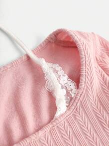 SHEIN 少女蕾丝喇叭袖简约弹力提花粉色二合一针织连衣裙 - 粉色 - 查看 4