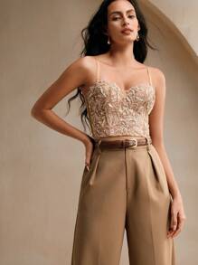 Anewsta Áo hai dây thêu hạt cườm thanh lịch dành cho nữ - Màu Cam san hô - Xem 3