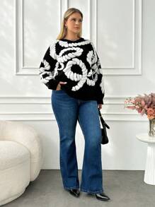 RueChic Frenchy Plus White Detailed Knit Sweater - Black and White - View 4