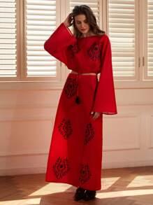 Aveloria Modichic Women's  Embroidery Color Block Design Puff Sleeve Blouse And Drawstring Hem Long Skirt Set, Autumn