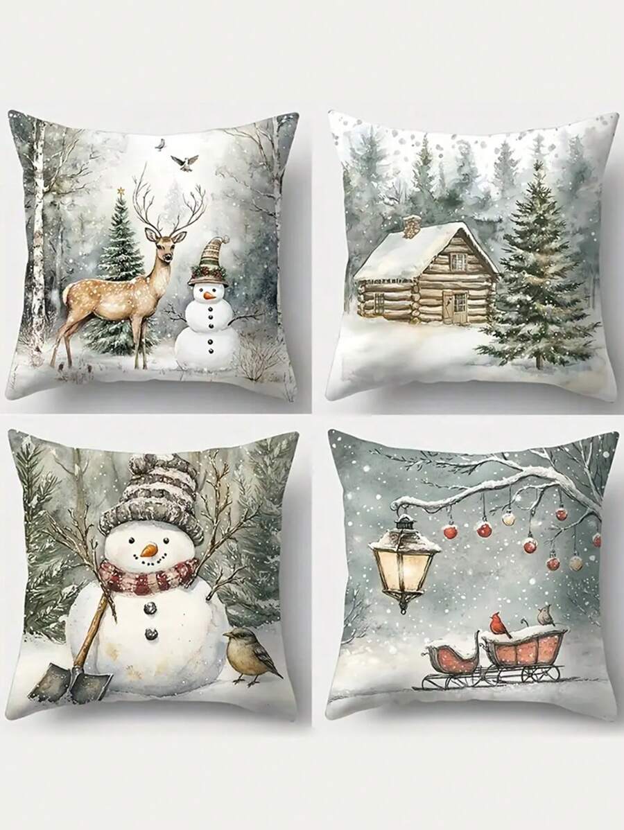 Winter Holiday Themed Throw Pillow Covers Set Of 4, Polyester, Hand Wash, Zippered, Snowman & Deer Print, Contemporary Style For Living Room Decor - Green Toned, Soft & Comfortable Woven Fabric - Multicolor - View 1