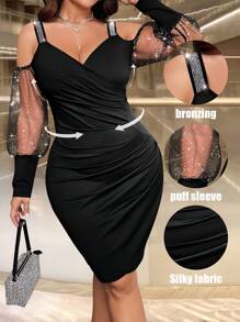 SHEIN Allurite Váy hở vai lưới lấp lánh gợi cảm cỡ lớn cho mùa thu - màu đen - Xem 1