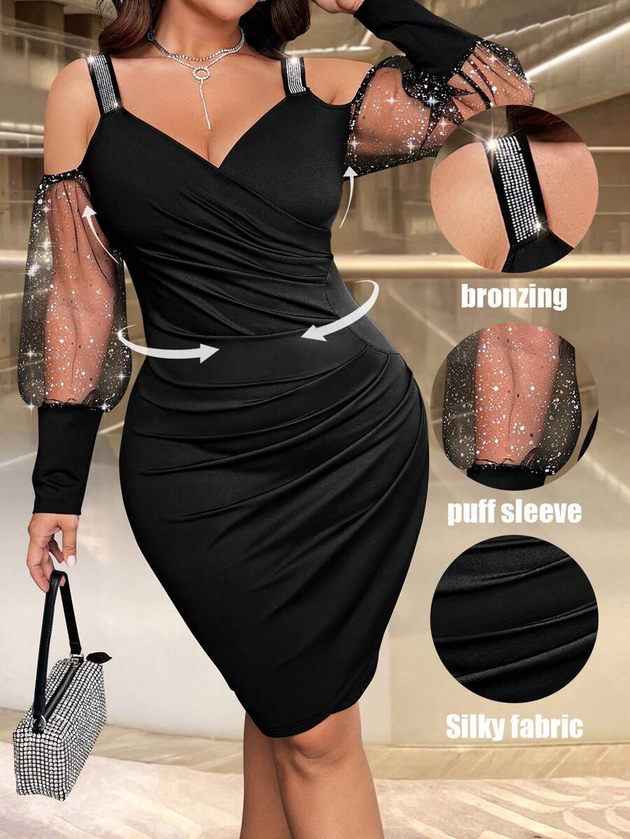 SHEIN Allurite Váy hở vai lưới lấp lánh gợi cảm cỡ lớn cho mùa thu - màu đen - Xem 1