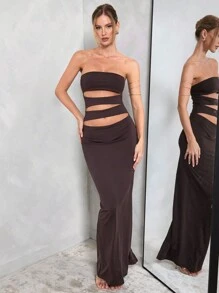 SHEIN BAE Vestido elegante de mujer de unicolor café, con corte hueco, apropiado para citas diarias, salidas, fiestas en discotecas y reuniones