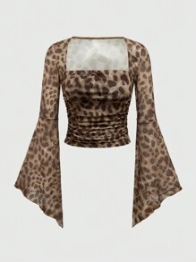 ROMWE 女士方领长袖豹纹休闲衬衫 - 棕色 - 查看 1