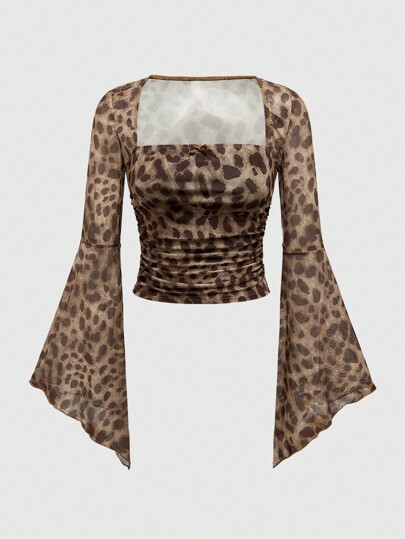 Women's Square Collar Long Sleeve Leopard Print Casual Blouse