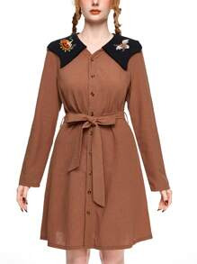 ROMWE Fairycore 万圣节林地南瓜和蝙蝠刺绣荷叶边领连衣裙