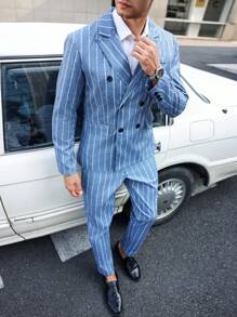 Manfinity Mode 2pcs Business Men Striped Lapel Collar Long Sleeve Blazer Jacket & Pants Set, Spring Autumn - Dusty Blue - View 5