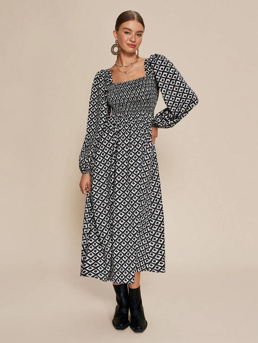 Almamuse 女士优雅几何印花连衣裙，秋季 - 黑色 - 查看 1