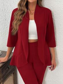 SHEIN LUNE Plus Size Solid Color High Low Blazer Jacket And Trousers Suit In Fall/Winter - Burgundy - View 3