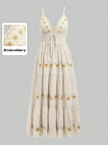 ROMWE Fairycore Women's Renaissance Casual Holiday Star Embroidery Spaghetti Strap A-Line Dress - Beige - View 7