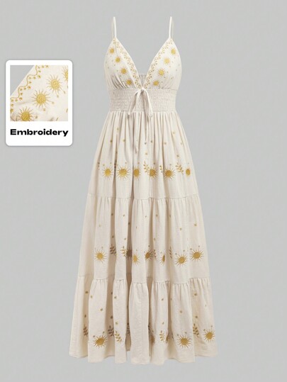 Fairycore Plus Size Mysterious Star & Moon Embroidered Vintage Seaside Vacation Style Slim A-Line Cami Dress. For Summer