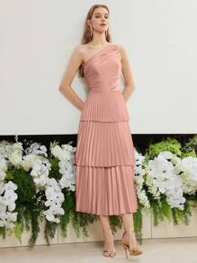 MOTF PREMIUM VESTIDO LARGO CON Body FRUNCIDO DE UN SOLO HOMBRO Y BAJO PLISADO EN CAPAS