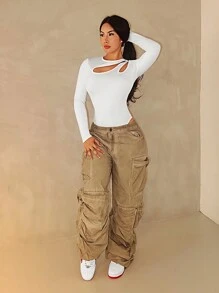 Zolique Body ajustado y sexy de manga larga con diseño de cuello asimétrico para mujeres