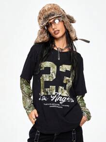 ROMWE Grunge Punk Casual & Oversized Dry Branch & Letter Print T-Shirt For Women, Sports Style