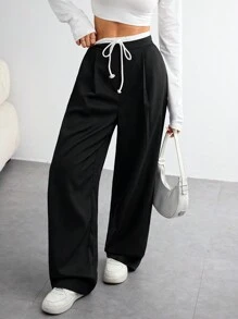 SHEIN BASICS 2 chiếc quần ống đứng lưng cao dệt trơn rộng rãi cho nữ - Nhiều màu - Xem 8