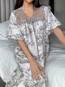 DAZY Lace Patchwork Chinese Style Allover Print Button Front Ruffle Hem Nightgown Pajama - Khaki - View 3
