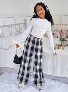 SHEIN Tween Girls' Woven Plaid Straight Leg Casual Sports Pants - Black and White - View 3