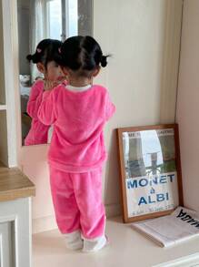 2pcs Baby Girl Crew Neck Long Sleeve Cute Animal Print Sweatshirt And Casual Fleece Pants Set - Pink - View 2
